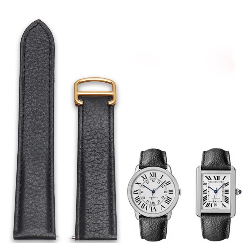 Cinturino In Pelle Tinta Unita Litchi Cinturino In Pelle Nera Per Tank Americaine/Santos -Dumont /Tank Must/Tank Solo 16Mm 18Mm20Mm23Mm