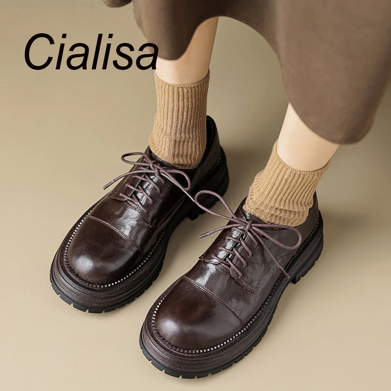 

Cialisa 2024 Spring Platform Loafers Round Toe Handmade Brown Genuine Leather Casual Lady Thick Mid Heels Women's Shoes Sizes 40