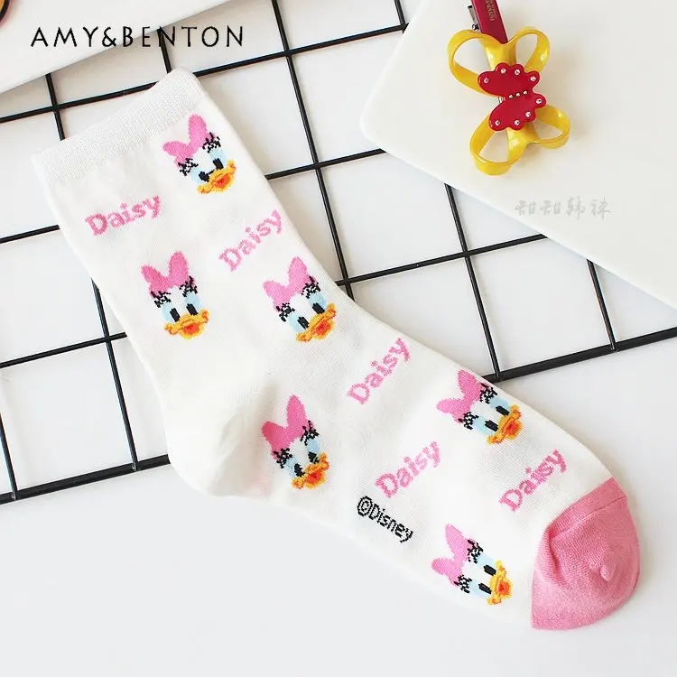

Pure Cotton Spring Autumn and Winter Socks for Ladies Cute Cartoon Anime Sweet Yellow Brown Women's Mid-Calf Length Socks