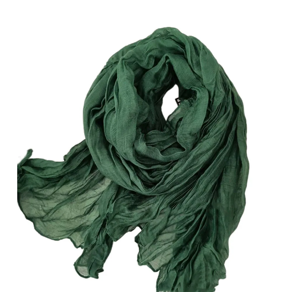 Solid Color Pleated Long Scarves Retro Autumn Winter Cotton Hemp Scarf Warm Neck Wrinkled Twisted Vintage Soft Wrap Shawl