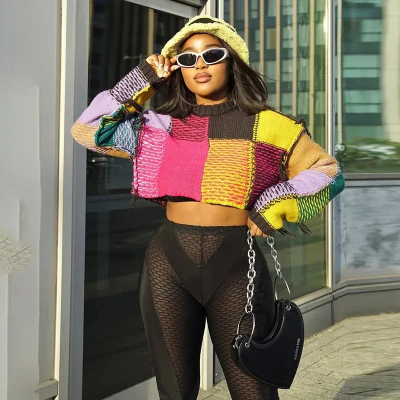 

Color Patchwork Tassel Knitted Sweaters Women O Neck Long Sleeve Loose Casual Bare Midriff Pullover Jumpers Streetwear Crop Tops