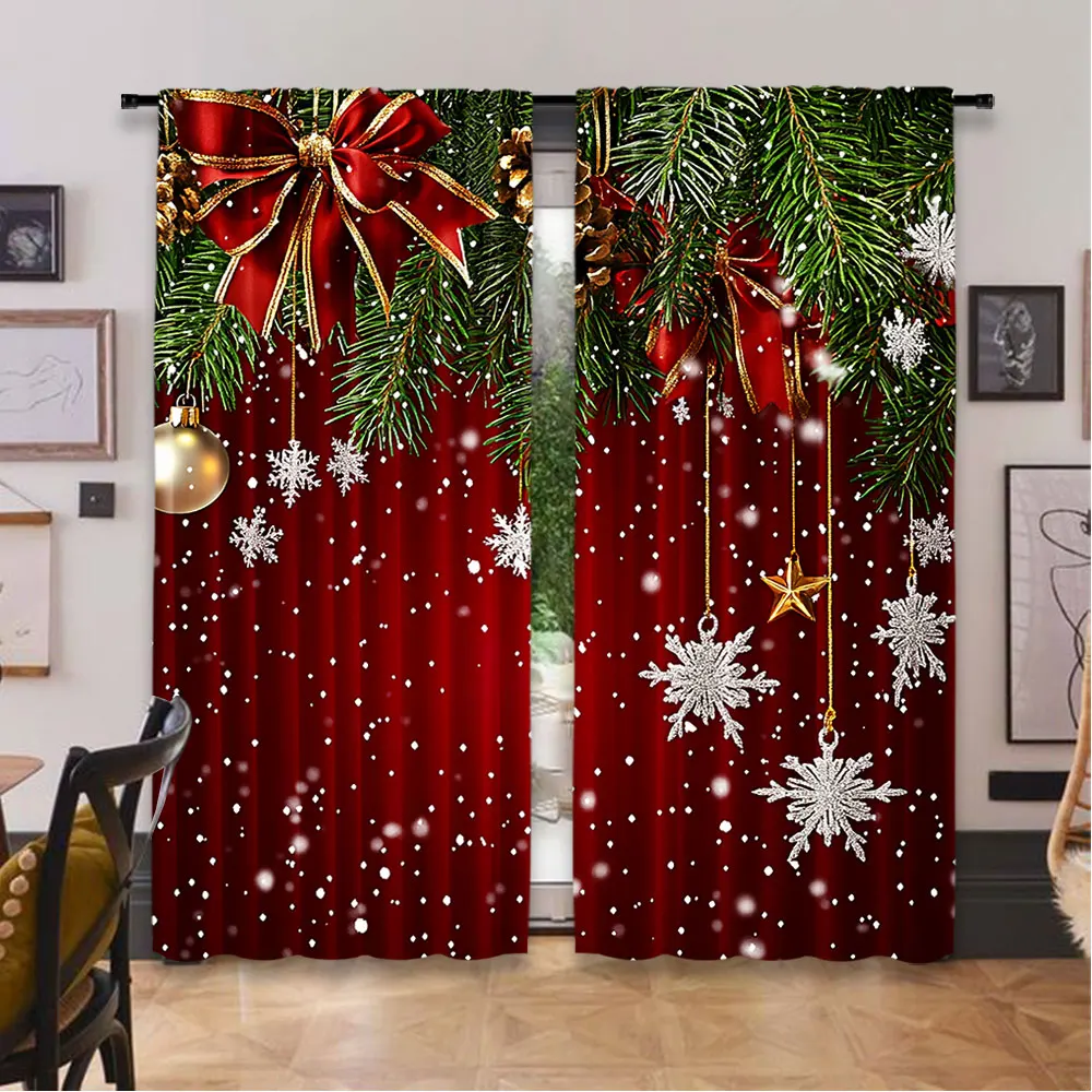 2Pcs Christmas Curtains Classical Pine Tree Snowflakes Red Green Xmas Room Suitable For Living Room Bedroom Kitchen And Bathroom 2