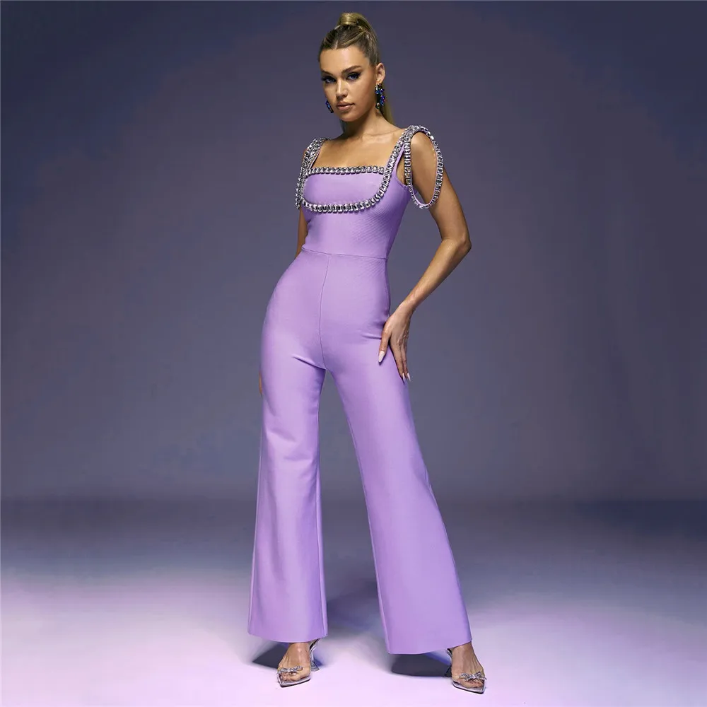 2024-new-summer-women-bandage-jumpsuits-sexy-beading-wide-leg-pants-bodycon-causal-clothes