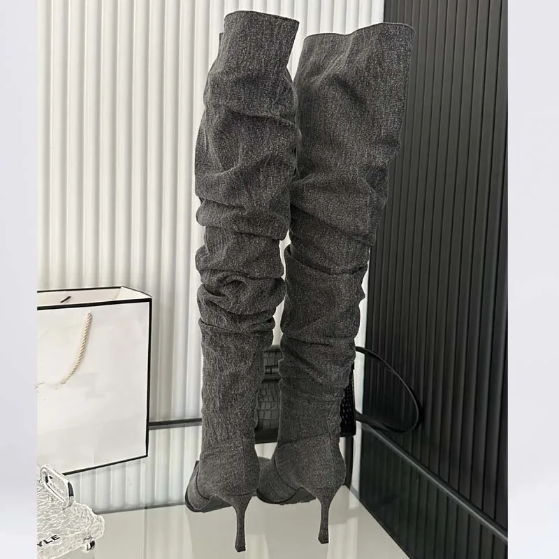 Ladies Over The Knee Modern Long Boots For High Heels Footwear Pointed Toe Denim Women Pumps 2023 Autumn Winter Female Shoes