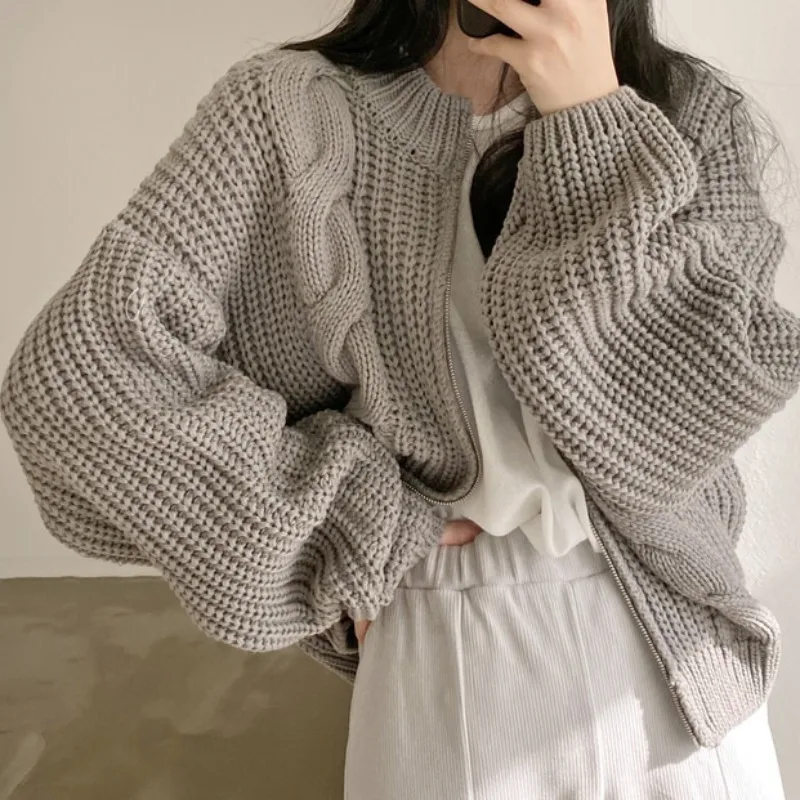 

Japan Korea Style Thick Thread Zipper Sweater Women's Coat Autumn/Winter 2023 Vintage Fried Dough Twists Casual Knitted Cardigan
