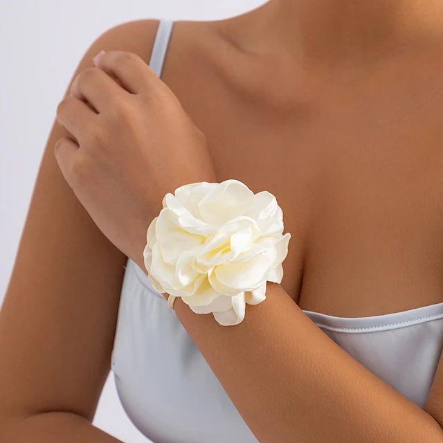 Big Fluffy Fabric Flower Bracelet for Women Trendy Elegant Wedding