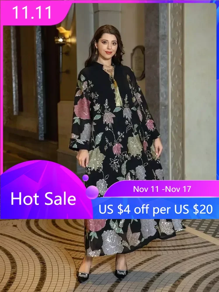 

Muslim Middle Eastern Sequin Embroidered Robe Women Fashion Tassel Dress Dubai 2024 New Style Arabic Evening Dresses Abaya