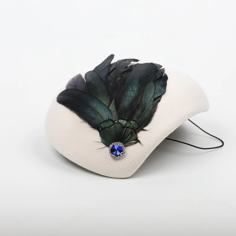 Königsblaue Baskenmütze aus Wollfilz für Damen, elegante Hut für Kirche, Cocktailparty, Fedoras mit Feder, Hochzeits-Fascinator – Detail 14