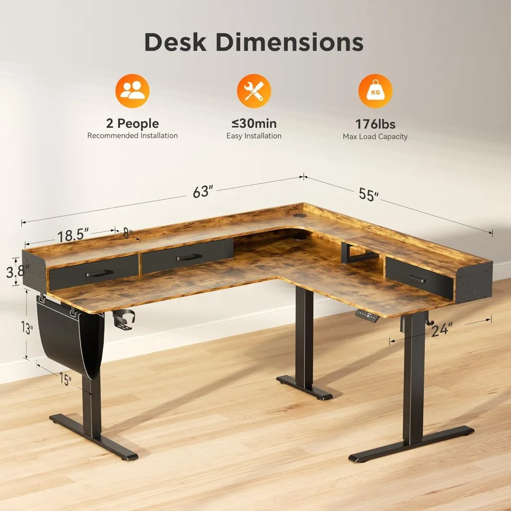 "electric l-shaped adjustable height desk with 3 drawers and monitor shelf for corner computer setup"
