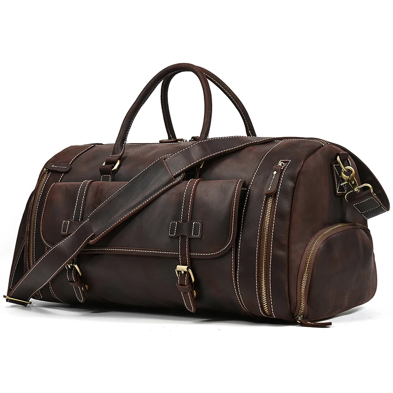 22′ Men’s Genuine Leather Travel Duffle Bag With Shoe Pocket
