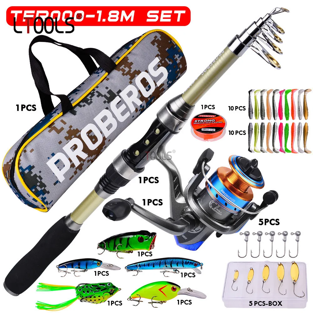 

Proberos Fishing Rod & Reel Combo 1.8m Carbon Fiber Telescopic Rod 5.1:1 High Speed Spinning Reel Kit Line Lures Hooks Bag Set