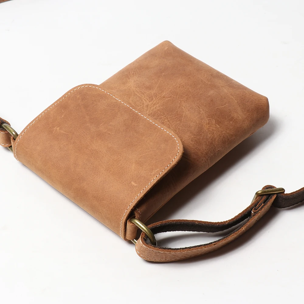 Damen Vintage Crazy Horse Leder Schultertasche, Rindsleder Handytasche, Messenger Bag, Verstellbarer Riemen, Reisetasche (Braun/Schwarz/Dunkelbraun) – Detail 7