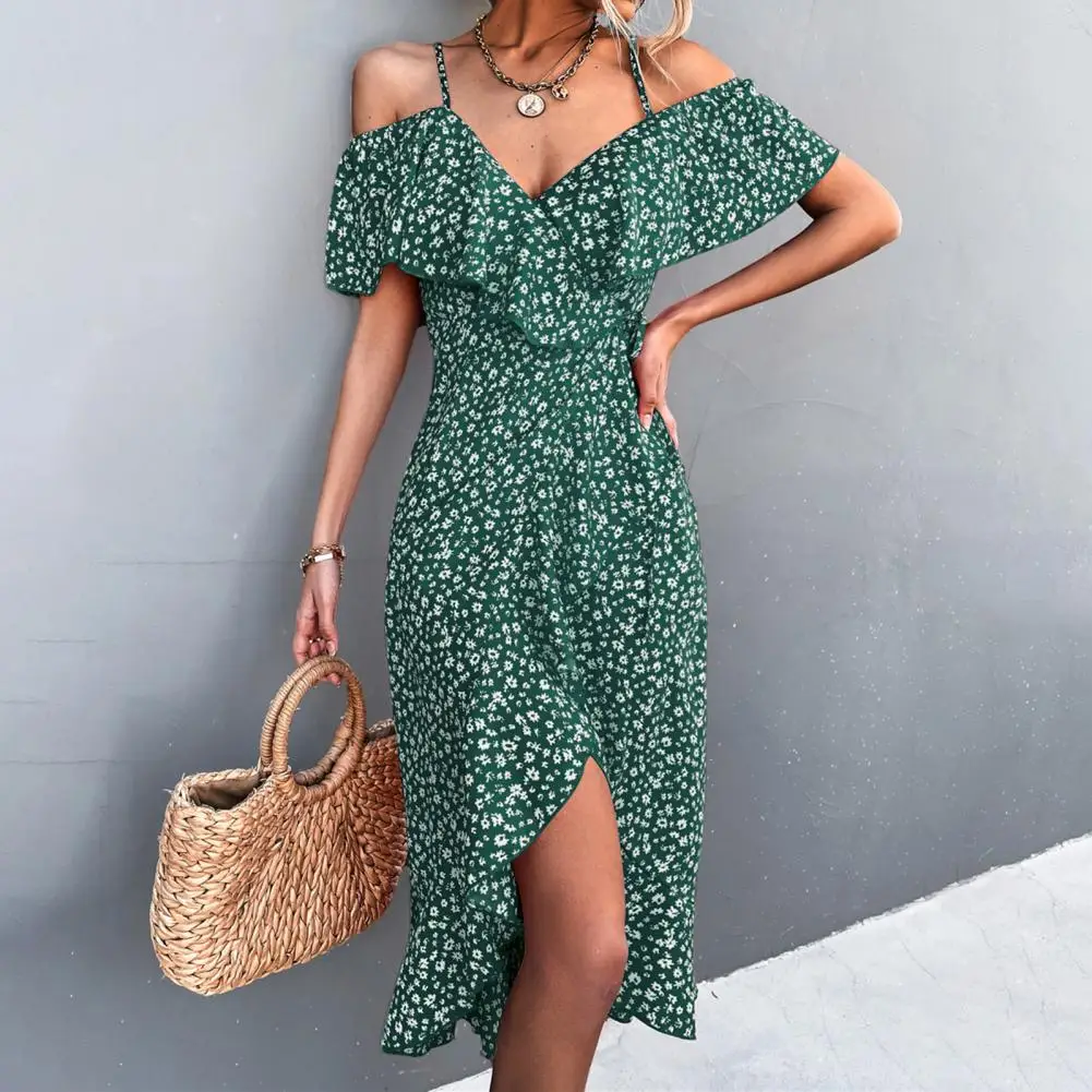 

Ladies Spring Summer Sexy Straps Dress Women Green Off Shoulder Ruffles Casual Beach Dresses Female Floral Print Dress