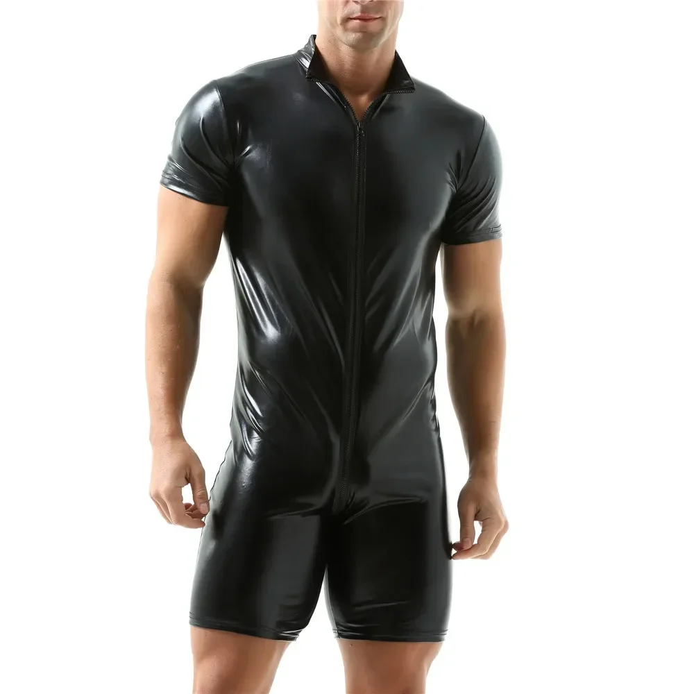 Man PU Leather Zipper Bodysuit Black Short Sleeve Open Crotch Zipper Jumpsuit Men Faux Leather Clubwear Catsuit Lingerie Leotard