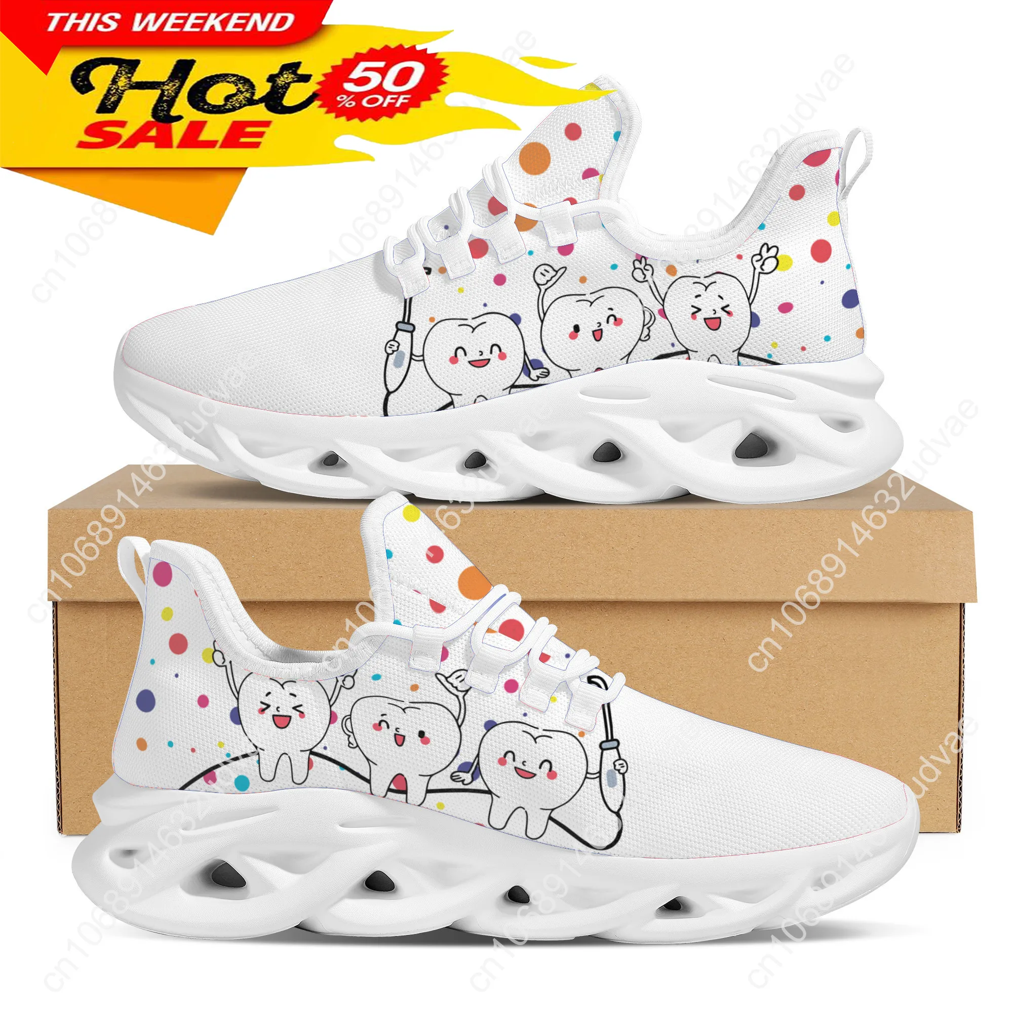 

New Trend Women Flats Cartoon Dentist Tooth Pattern Casual Shoes Breathable Mesh Female Sneakers Zapatos Mujer 2022