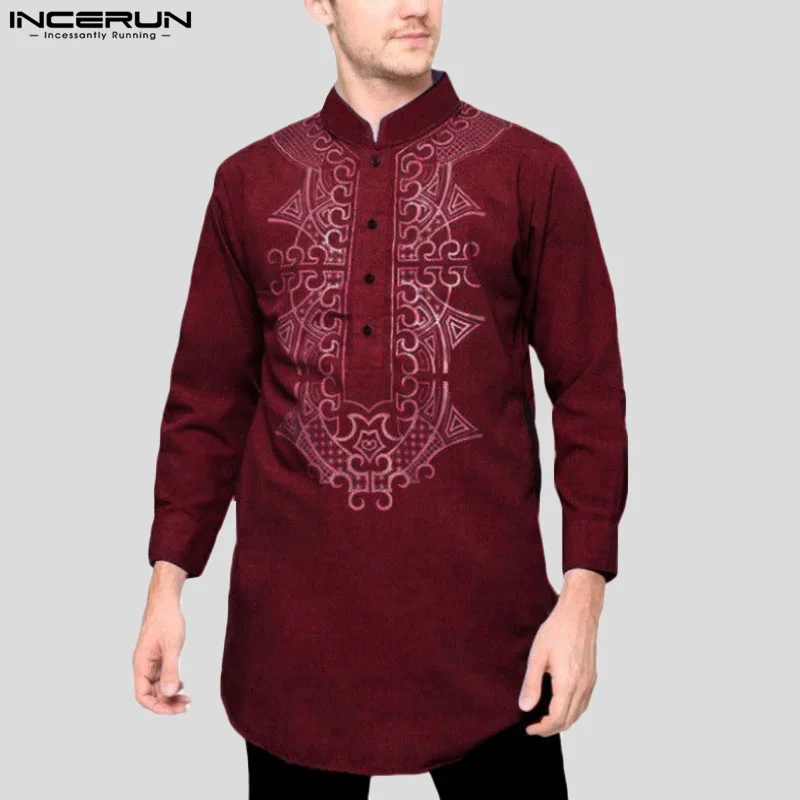 

2023 Men Muslim Shirt Printing Stand Collar Long Sleeve Men Clothing Autumn Islamic Arabic Vintage Casual Shirts S-5XL INCERUN