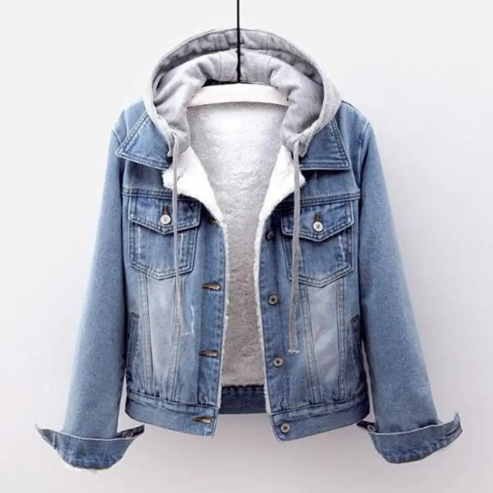 Women Winter Denim Jacket Hooded Solid Color Long Sleeves Detachable Hat Thick Keep Warm Single-breasted Plush Denim Coat куртка 2020 светящиеся женщины зима с капюшоном vest coat мода глянцевый вниз хлопок без рукавов куртка женский thicken теплый зимний вест