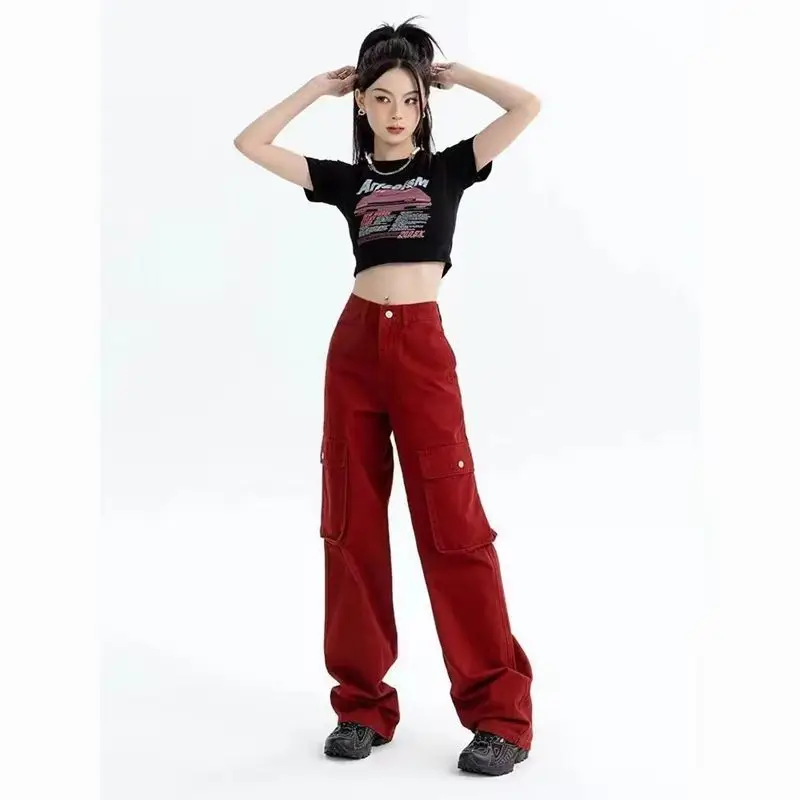 

Y2k red Cargo Pants American Retro Women's High Waist Korean Fahsion Leg Wide Jeans Trouser Female Pocket Jean Streetwear 2023