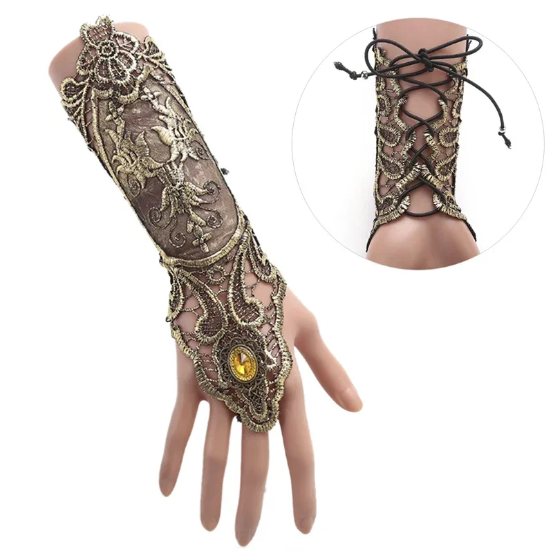 Gothic Steampunk Lace Cuff Fingerless Glove Arm Warmer Bracelet Black Gold Gloves