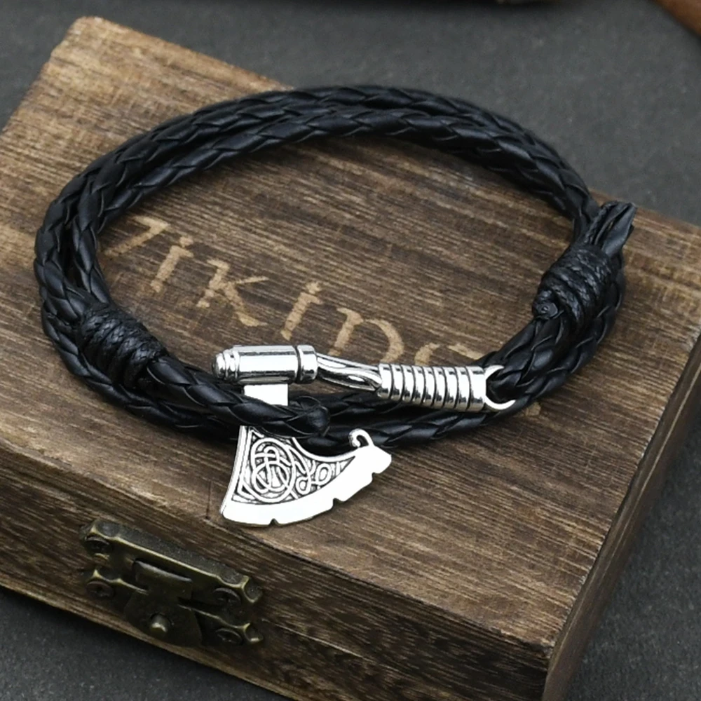 Mens Axe Viking Bracelet Irish Knot Hatchet Handmade Braided Multilayer Leather Pirate Bracelet For Male Hand Jewelry