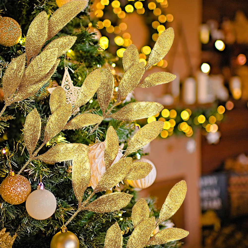 Glitter Gold Silver Leaves Christmas Tree Decoration Artificial Plants Leaves New Year Gift Christmas Party Decoration 10/1Pcs