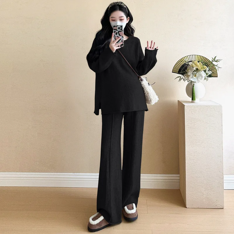 Pregnant Women Outdoor Indoor Casual Clothing Set Korean Version Loose Knit Sweater Top+ Pants 2pcs Maternity Solid Color Set