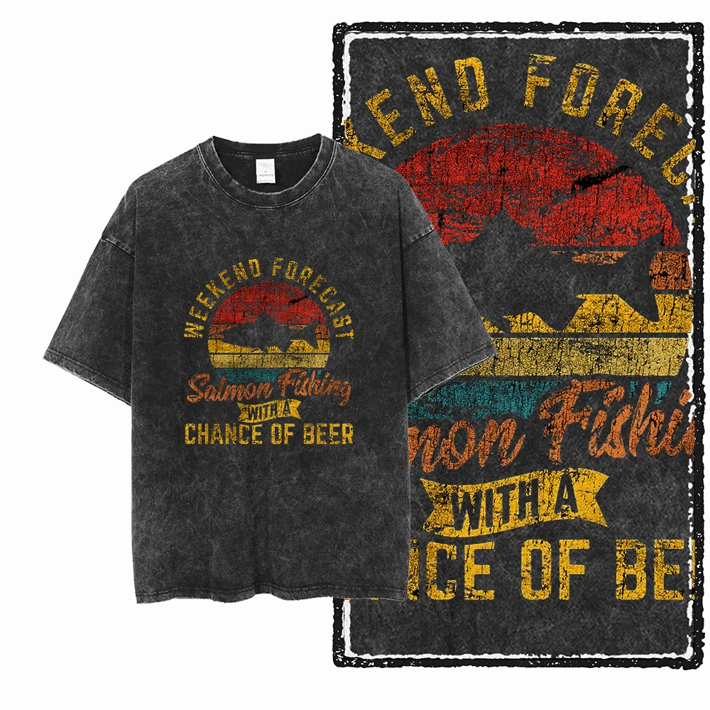 YB FISHING THEME Acid Washed Graphic Unisex Cotton T-Shirt - Cool Streetwear, Big Size