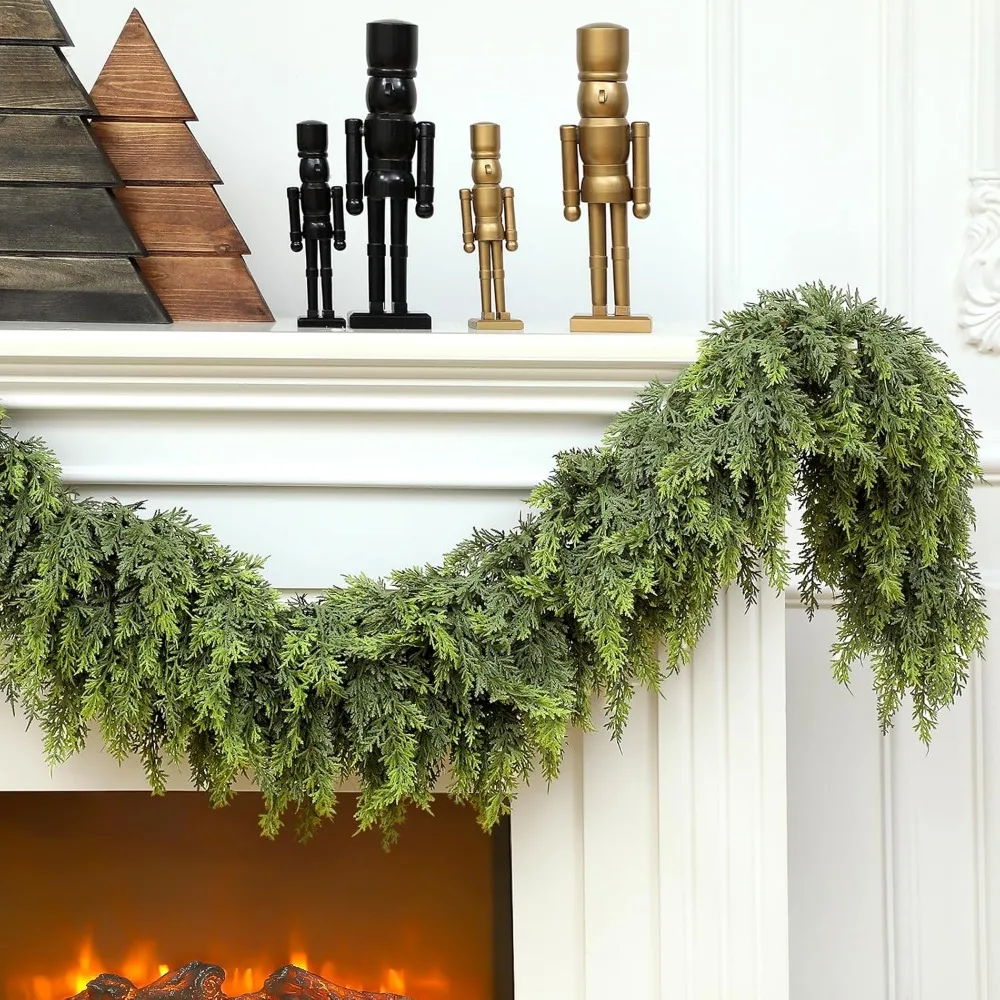 2 Pcs 9ft Christmas Cedar Garland Artificial Green Cedar Pine Needles for Home Fireplace Indoor Outdoor Holiday Party Decoration 3