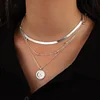 Collier tendance à chaîne serpent plate avec pendentif disque à trois couches pour femme, chaîne de perles simple, accessoires de bijoux de fête