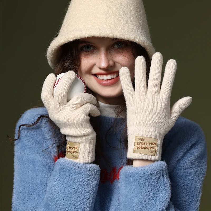 Women Korean Version Wool Gloves Wear Wool Knit Cycling Touch Screen Thickened Warm And Cold Dopamine Autumn And Winter