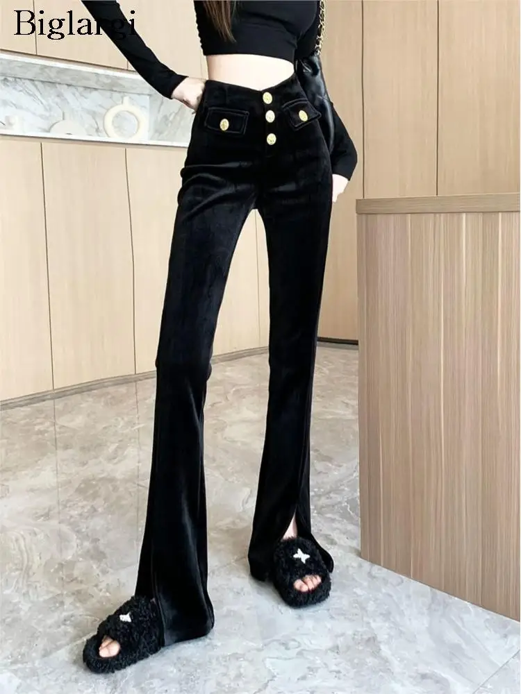 

Velvet Autumn Winter Plush Long Flared Pant Women Split Modis Ladies bell-bottom Trousers Irregular High Waist Woman Pants 2023