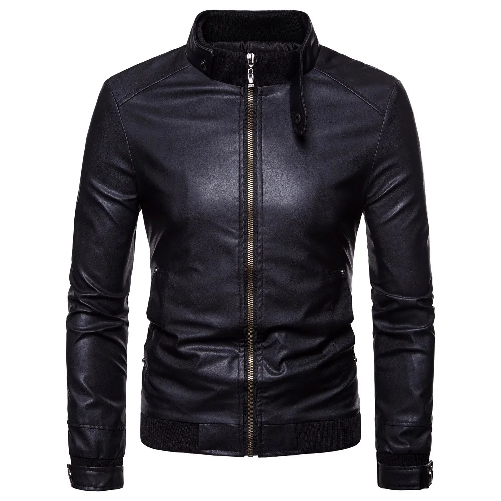 Men's PU Leather Outdoor Jacket Brown Brand New Stand Collar Motorcycle Jacket Male Korean Faux Leather Coat with Zipper M-3Xl