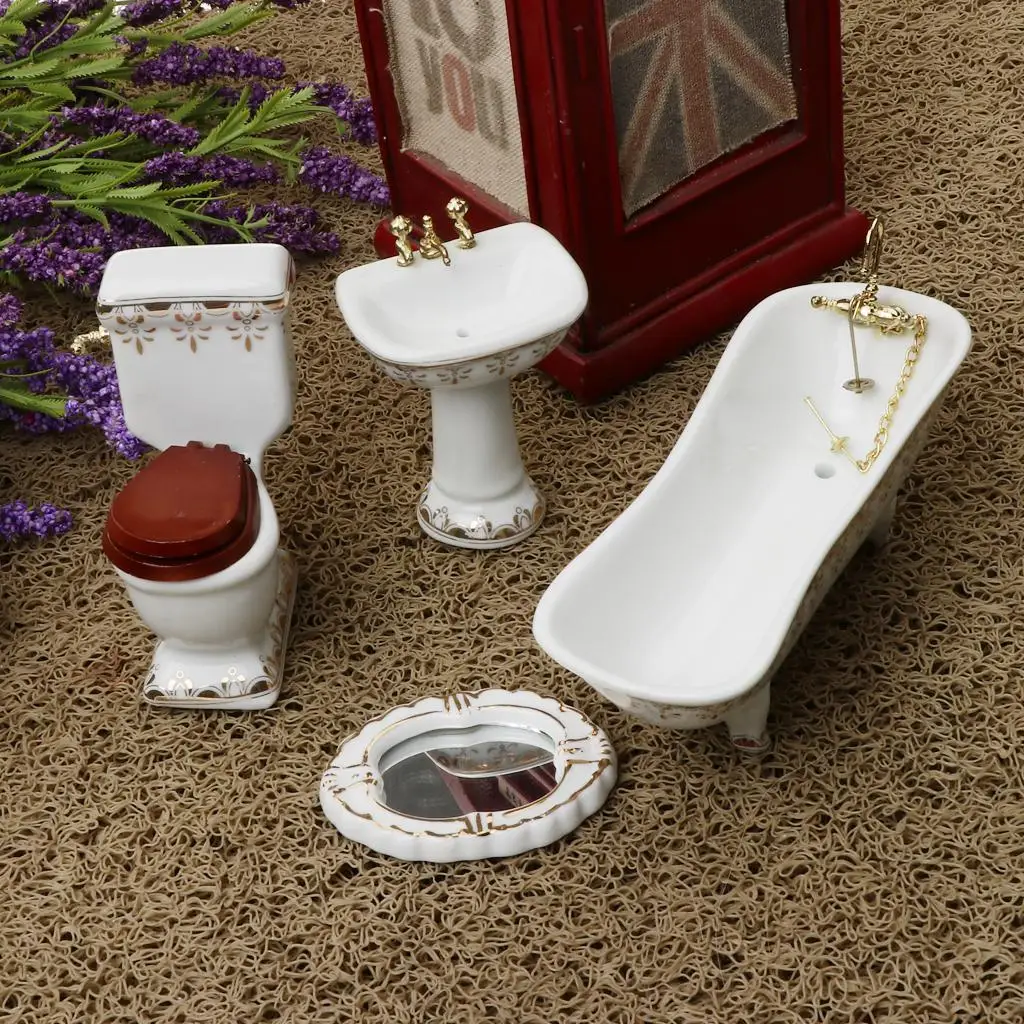 1/12 Dollhouse Miniature Bathroom Toys Set Furniture Toilet Bathtub Basin #1 4