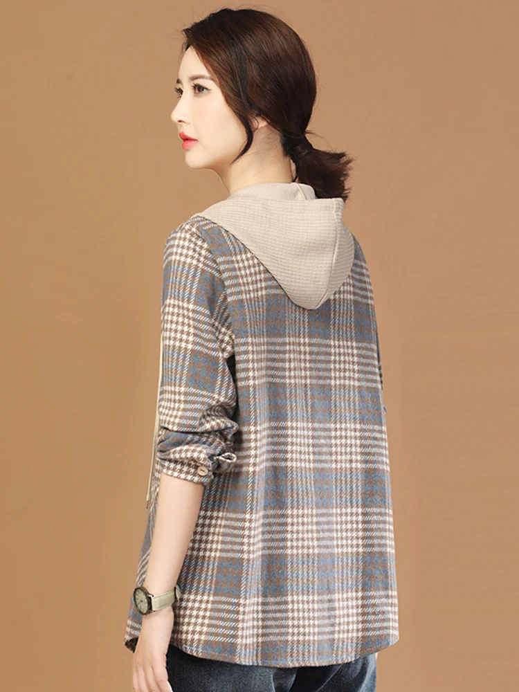 

HCXR Women Jackets 2023 Autumn Hooded Long Sleeve Plaid Casual Loose Shirt Oversize Single Breasted Fashion Coats