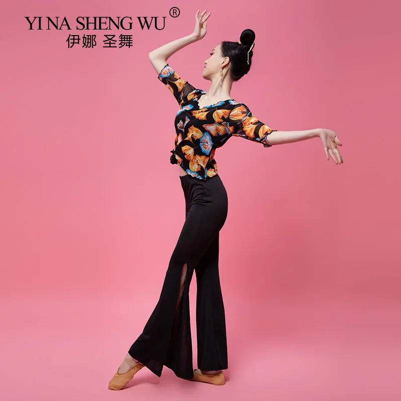 

Classical Dance Round Neck Printed Mesh Top Slit Pants Summer Dance Suit Practice Dance Shirt Professional Practice Clothes New