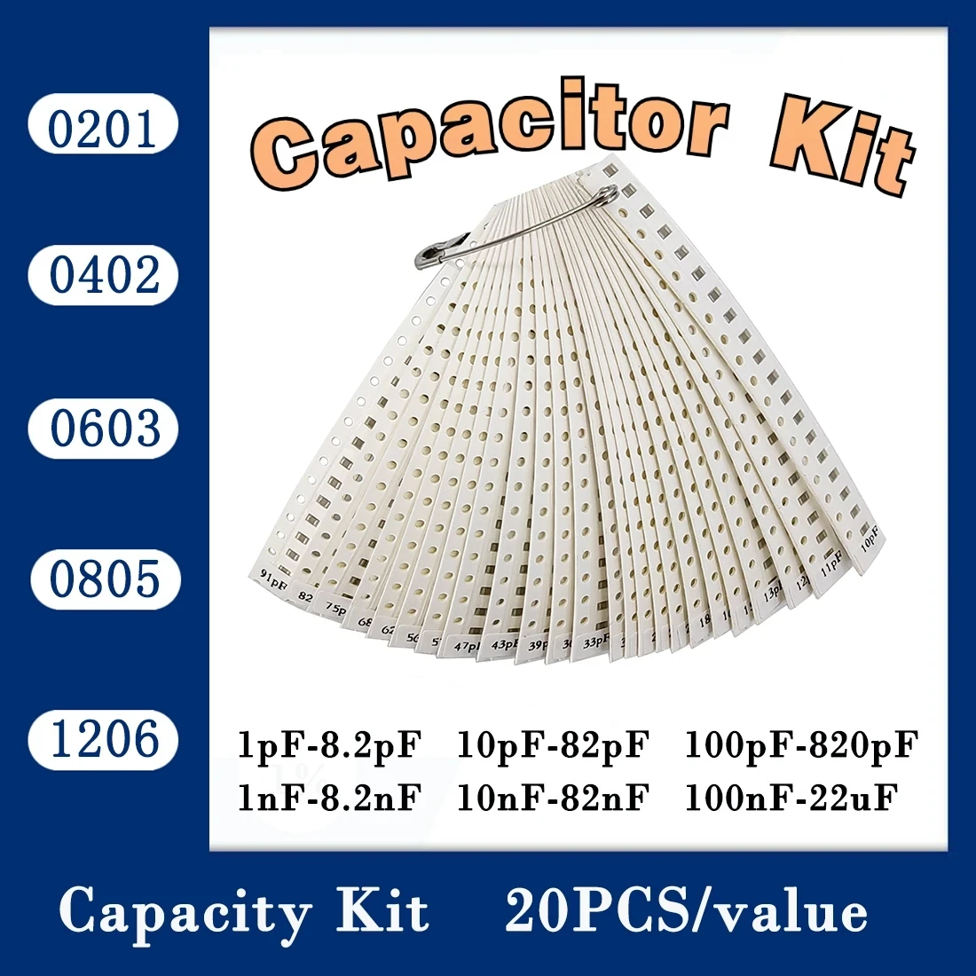 

Capacitor kit 0201 0402 0603 0805 1206 smd Capacity package each value*20PCS Sample Kit Capacitor 470nf 1nf 10nf 1uf 10uf 22uf