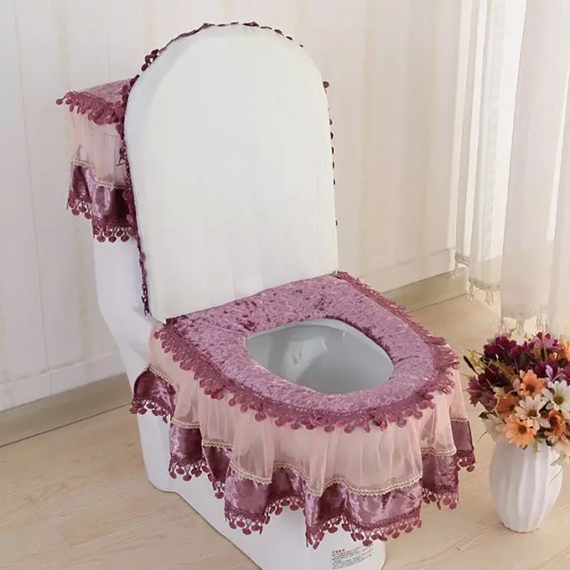 3PCSSetGoldVelvetLaceToiletSeatCoverSetToiletsUShapedCoat