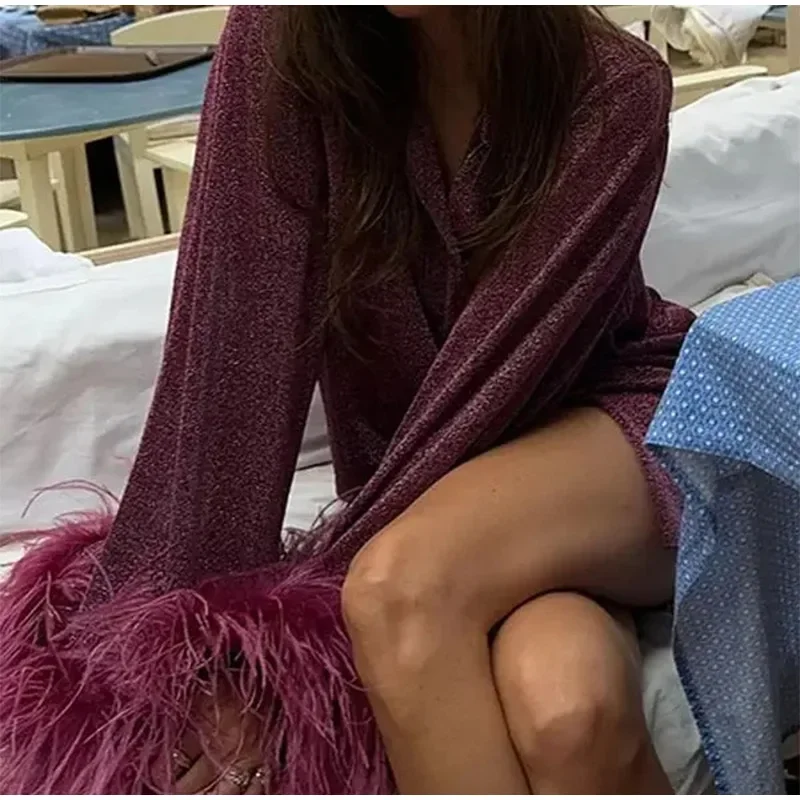 Glitter Feather Oversize Shirt Women Fashion Sparkle Stand Collar Single-breasted Long Flare Sleeve Blouse Lady Y2K Outwear