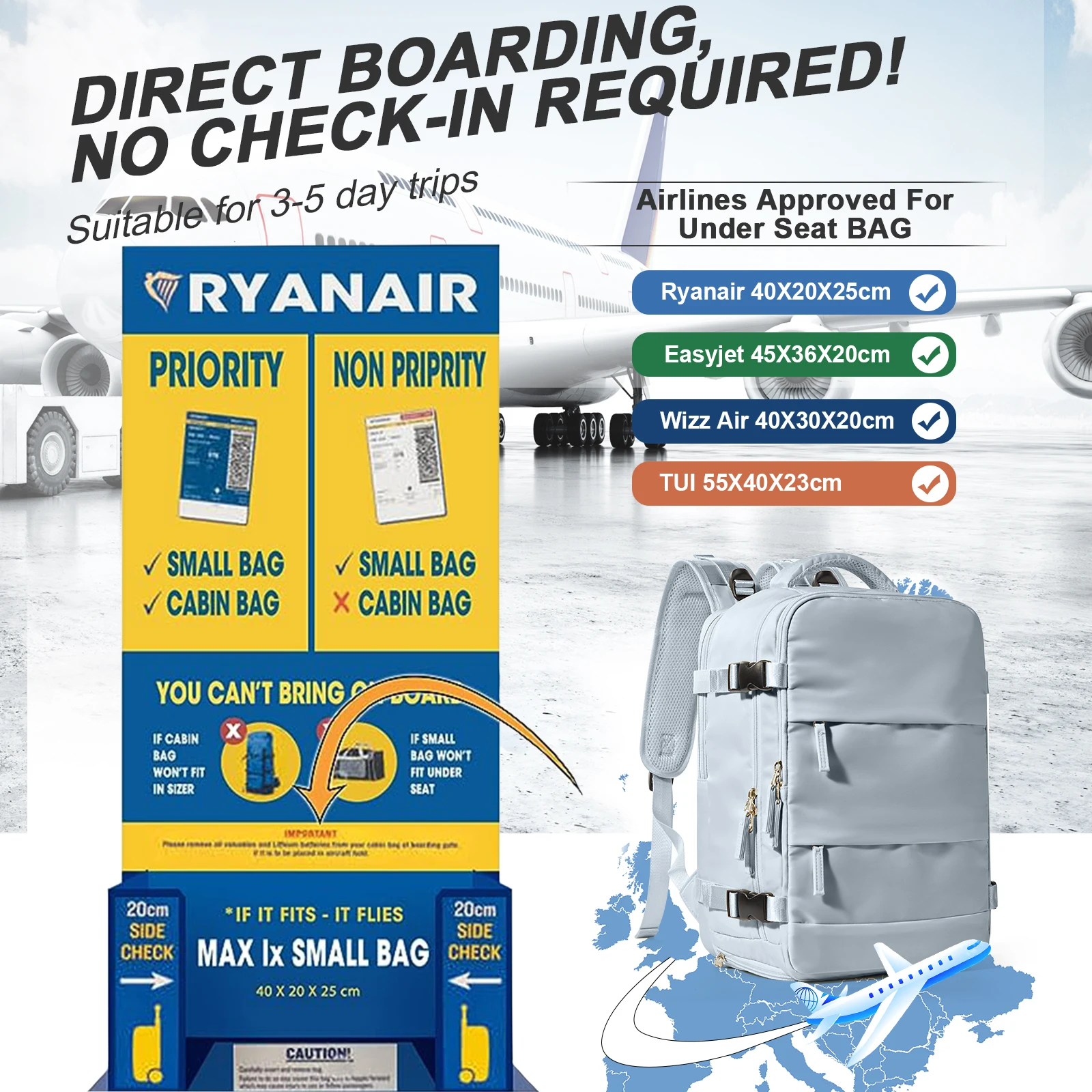 Travel Backpack Airplane 40x20x25 Ryanair Travel Bag Hand Luggage Water-Resistant Lightweight Business Rucksack for Men Women