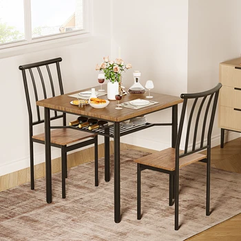 3PCS Kitchen Table Dining Table Set with Storage Wine Rack Black Steel Frame and Vintage Brown Wood Grain for Small Space