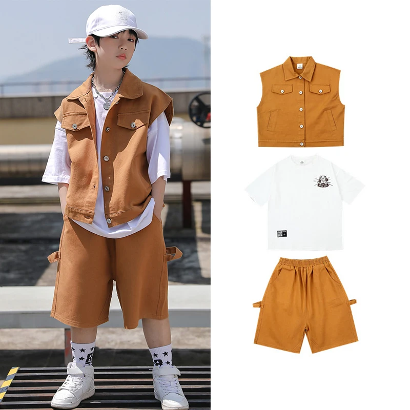 

New Children Jazz Performance Costumes Khaki Hiphop Loose Suit For Boys Modern Hip Hop Dancing Clothes Girls Streetwear DN15431
