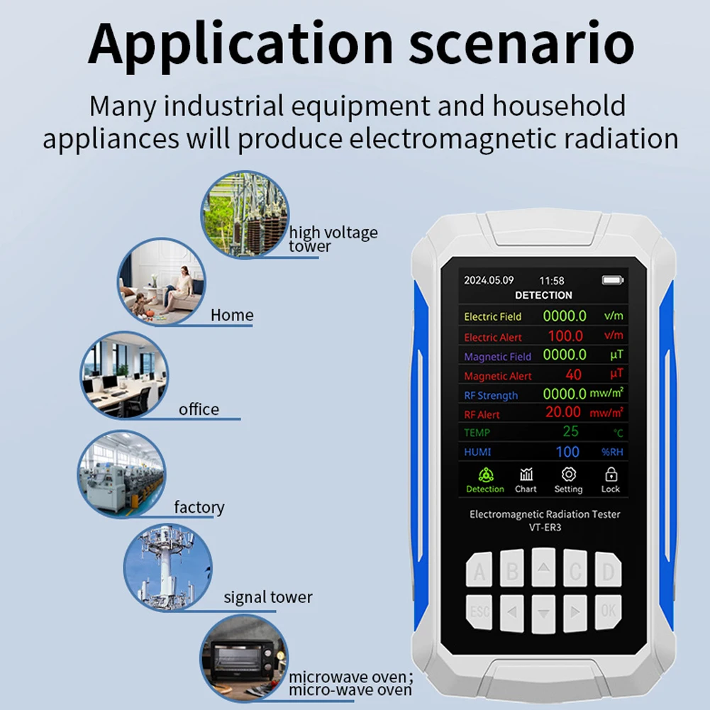 VT-ER3 5-in-1 Electromagnetic Radiation Detector Radio Frequency Electric Field Magnetic Field Temperature Humidity Tester