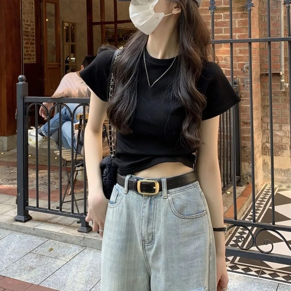 Simple Solid Color Short Sleeve T-shirt Chic Sweet Y2K Crop Top Korean Style Slim Fit Tees Shirts Women Streetwear