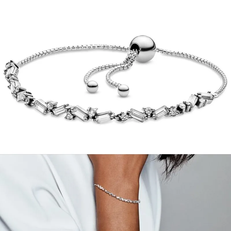 Popular Luxury 925 Silver Women's Ice Crystal Zircon Logo Adjustable Tennis Bracelet Fit Original Women's Charm DIY Jewelry