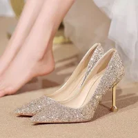 2022 New Women Pumps High Thin Heel Metal Pointed Toe Shallow Sexy Ladies Bling Bridal Wedding Women Shoes White High Heels 1