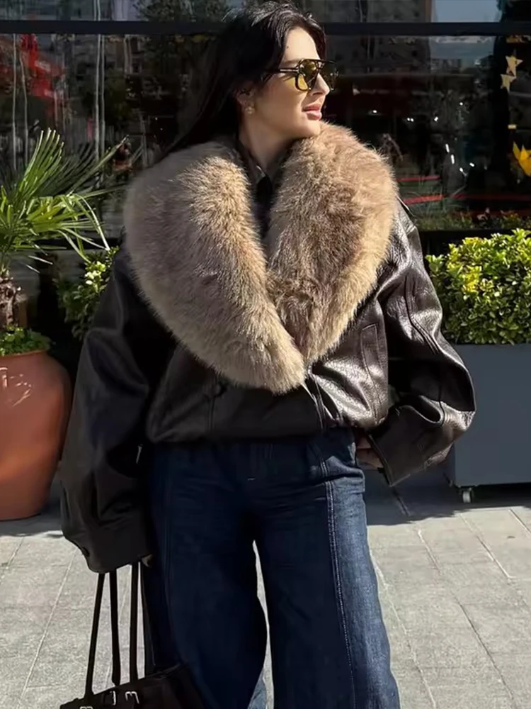 Winter Women Faux Leather Jacket Fashion Detachable Fur Collar Double-Breasted Oversized Coat Streetwear Casual New Outerwear