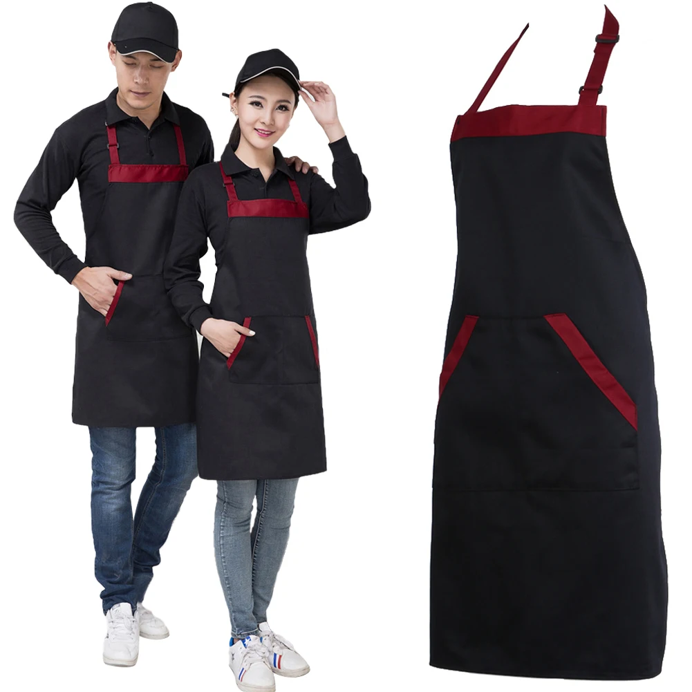 4Pcs Cooking Apron with 2 Pockets Restaurant Apron Black Red Kitchen Bib Food Service Apron for Hotel Restaurant Kitchen