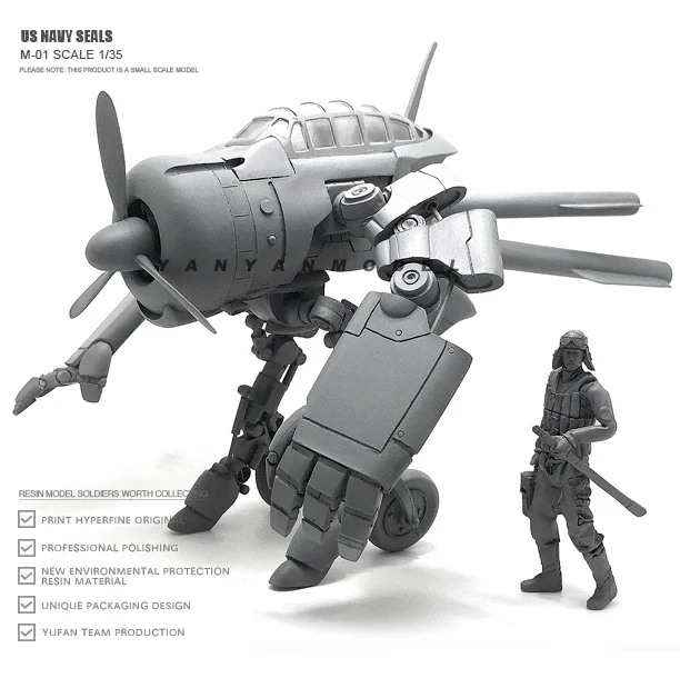 1/35 수지 키트 모델 DIY 장난감 로봇 항공기 + 군인 모델 자체 조립 M-01