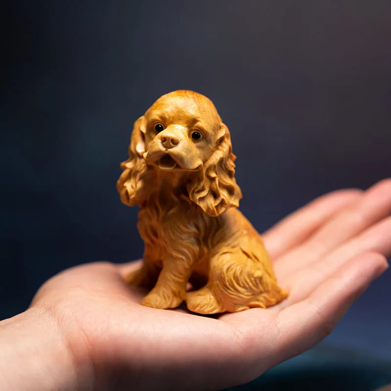 

7.5CM Cocker Spaniel Mini Dog Statue Wood Small Figurines Home Decoration Crafts Creative Zodiac Handmade Carved Car Decorations