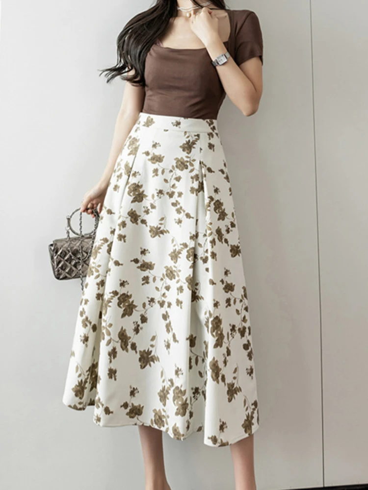 Women Skirts High Waist Cute Sweet Pleated Skirt A-line Long Skirts for Women Autumn Fashion Female Clothing Floral Girl's Skirt